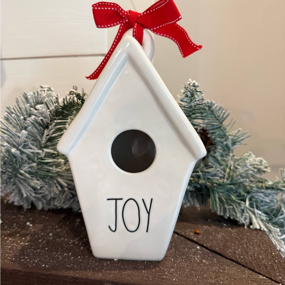 Festive Rae Dunn White Ceramic Birdhouse with Red Ribbon